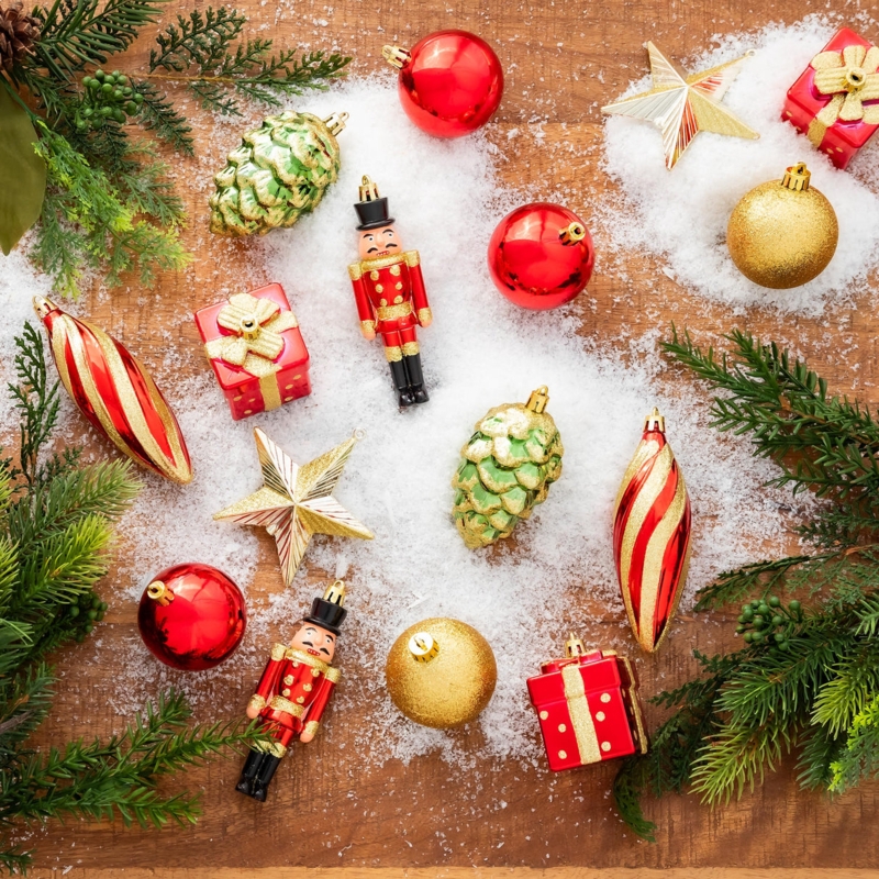 Christmas Ornament Set Shatterproof Red Gold Mixed Shapes Glitter