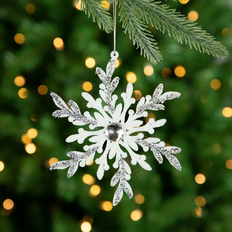 Christmas Ornament Set White and Silver Glitter Sparkling Decorations