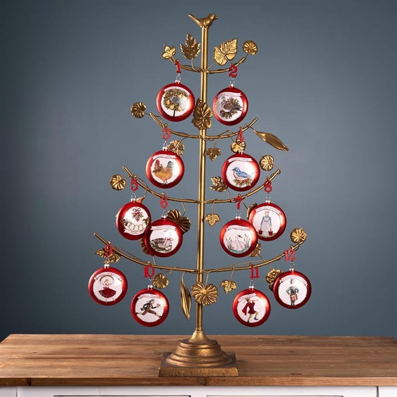 Christmas Ornament Set with Vintage Line Art, Red Numbering, Traditional Style