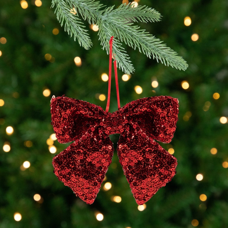 Christmas Ornament: Shimmering Red Sequin Bow Hanging Decor