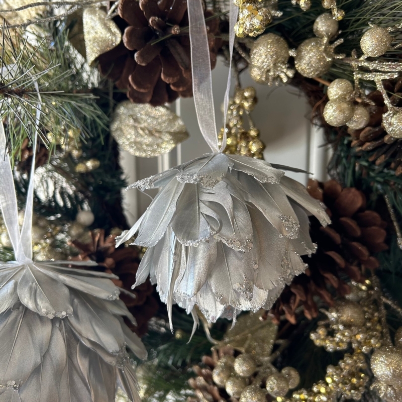 Christmas Ornament: Silver Feather Covering with Wispy Metallic Texture