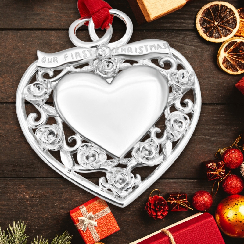 Christmas Ornament Silver Heart Filigree Scrollwork Engraved
