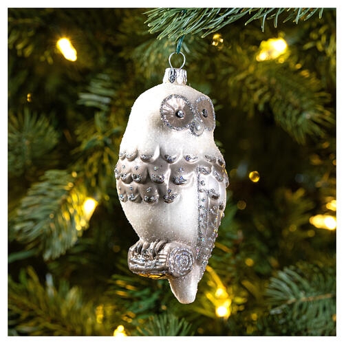 Christmas Ornament Snowy Owl Motif White Glitter Finish Nature Theme