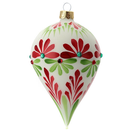 Christmas Ornament: Teardrop Shape, Frosted Glass, Gold Floral Detailing