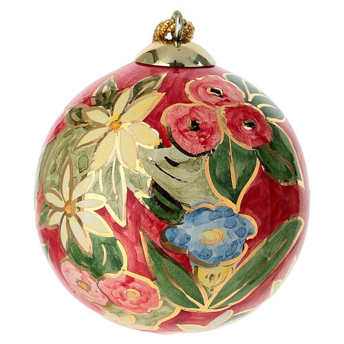 Christmas Ornament: Vibrant Red Glaze, Hand Painted Florals, Ceramic Folk Art