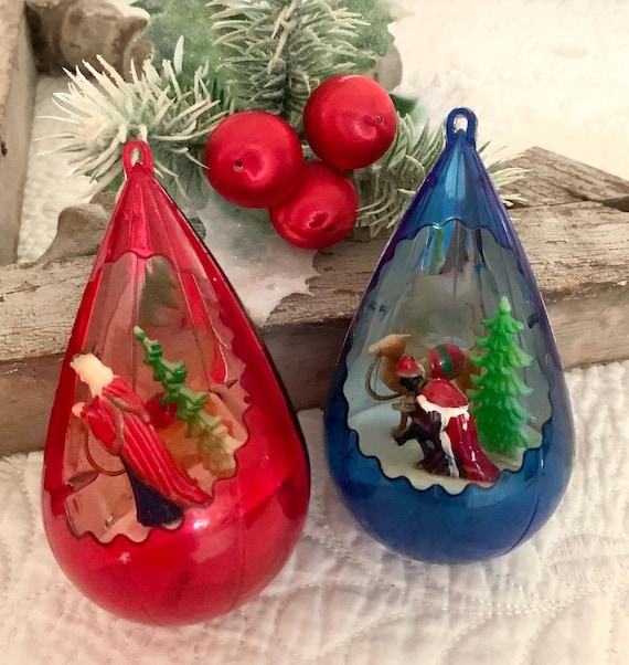 Christmas Ornament Vintage Plastic Diorama Teal Teardrop Nativity Scene