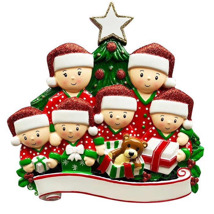 Christmas Ornament: Whimsical Family of 11 with Santa Hats & Green Banner.