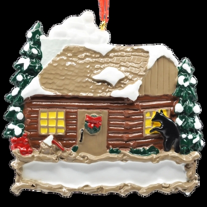Christmas Ornament Wood-Toned: Laser-Cut Log Cabin & Mountain Silhouette