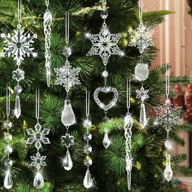 Christmas Ornaments Clear Acrylic Faceted Snowflake Icicle Shapes