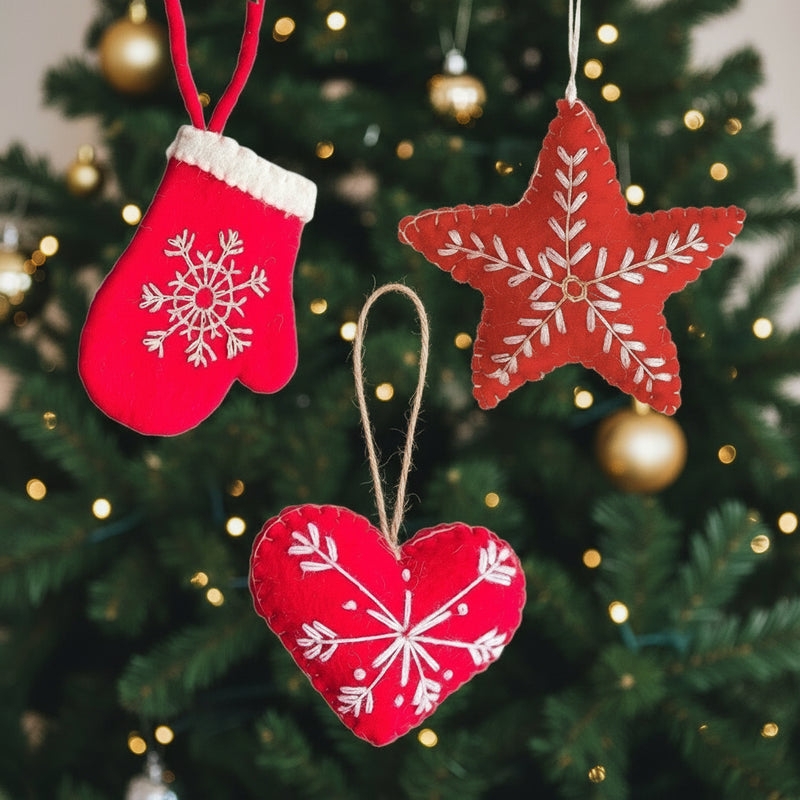 Christmas Ornaments Felt Snowflake Laser Cut Wood Bead Neutral Scandi Set