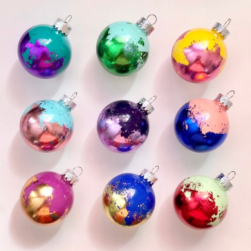 Christmas Ornaments Gold Leaf Splatter Jewel Tone Glass Set