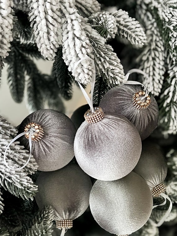 Christmas Ornaments: Grey Velvet with Rhinestone Banding for Glam Decor