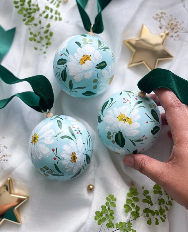 Christmas Ornaments: Hand Painted Florals, Heirloom Quality, Gold Hanging Cap