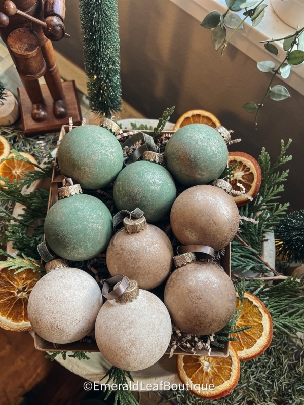 Christmas Ornaments: Hand-Painted Sage Set, Velvet Ribbons, Earthy Style