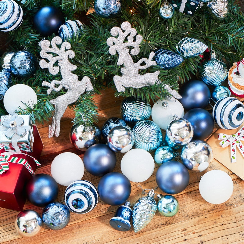 Christmas Ornaments Light Blue Silver Snowflake Motif Mixed Finishes