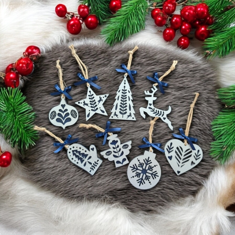 Christmas Ornaments: Minimalist Wood, Flat Profile, Geometric Cutouts