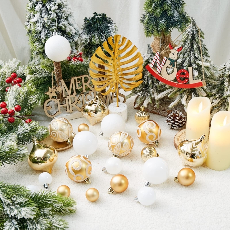 Christmas Ornaments Monochromatic Gold Set Mixed Texture Shatterproof