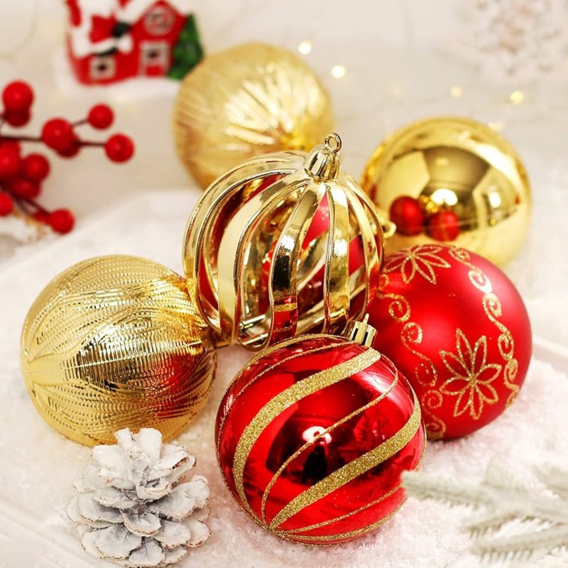 Christmas Ornaments: Red and gold palette, multi-finish shatterproof set.