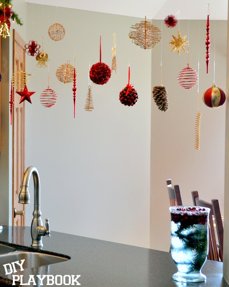 Christmas Ornaments: Red and Silver Suspended Dining Room Display