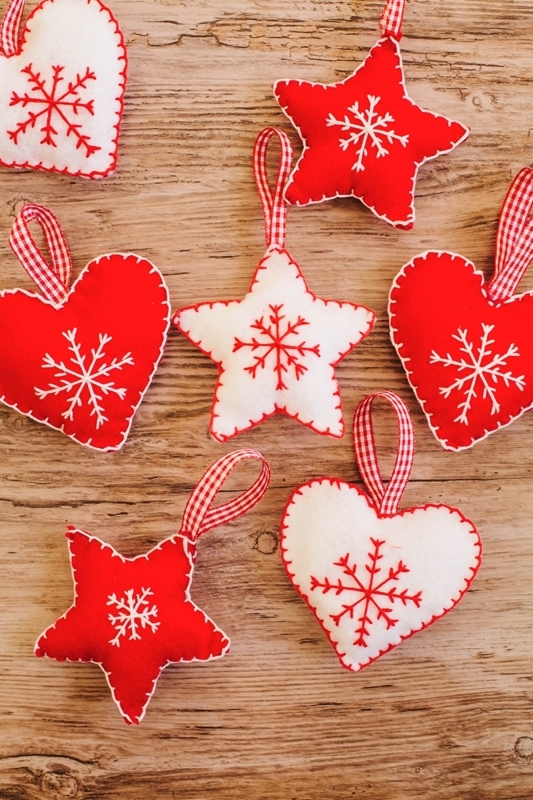 Christmas Ornaments: Red and White Felt, Hand Embroidered Nordic Details