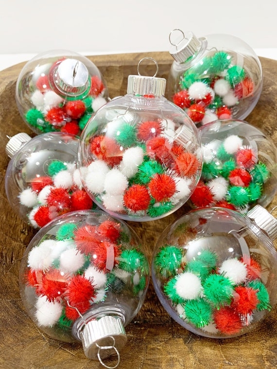 Christmas Ornaments: Red White Green Yarn Pompoms, Soft Tactile Texture