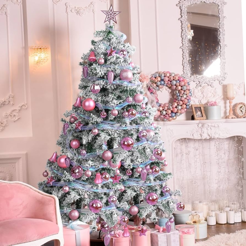 Christmas Ornaments Set: Blush Pink Star Shaped Accents and Glitter Baubles.
