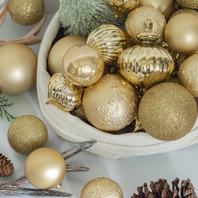 Christmas Ornaments Set: Textured relief, multi-finish shatterproof decor.