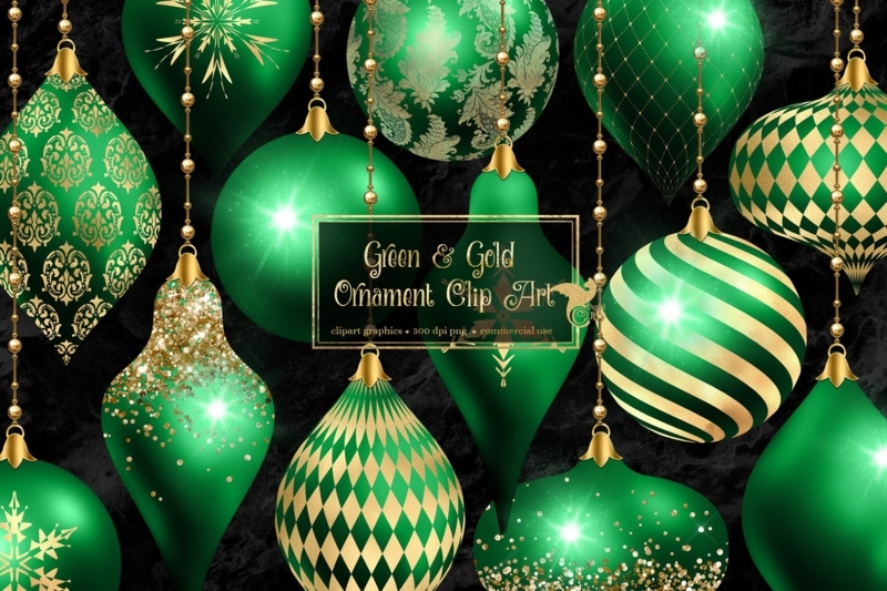 Christmas Ornaments: Varied Finial and Round Set, Gold Damask Patterns