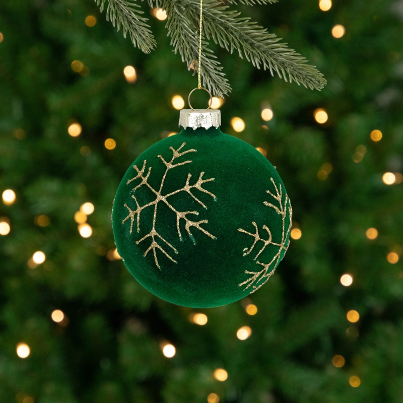 Christmas Ornaments: Velvet Glass Set, Gold Glitter Snowflakes Motif