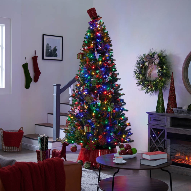 Christmas Tree 7.5ft Pine Pre-Lit Dual Color Lights Quilted Collar