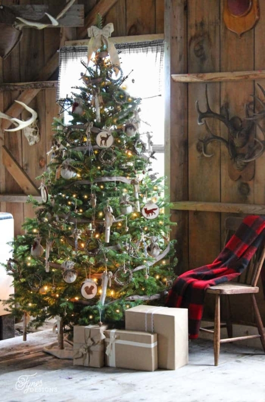 Christmas Tree against Wood Plank Backdrop with Vintage Ornaments
