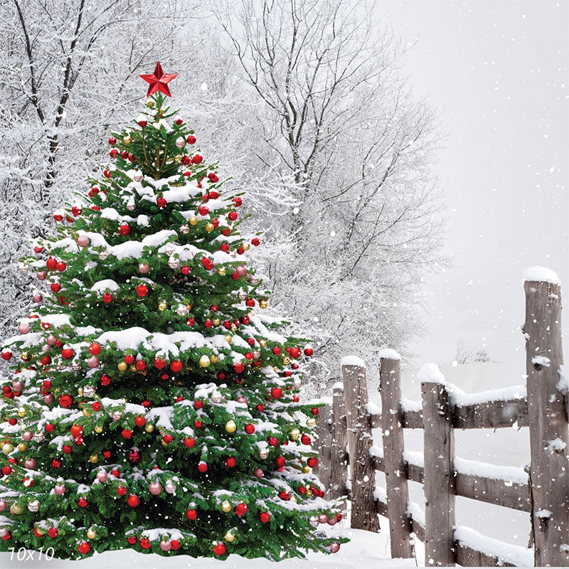 Christmas Tree Backdrop Weathered Picket Fence Snowy Country Scene