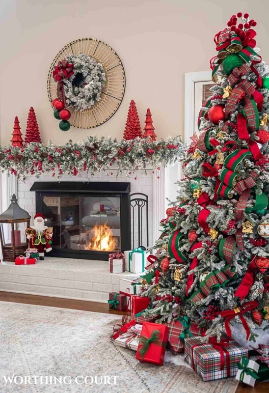 Christmas Tree by Architectural Molding Mantel with Red Stockings
