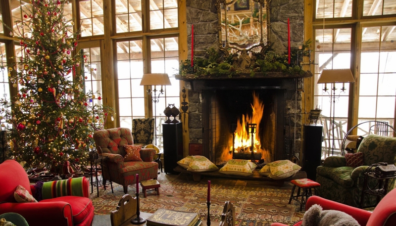 Christmas Tree Decor with Burlap Ribbon Garland and Log Cabin Ornaments