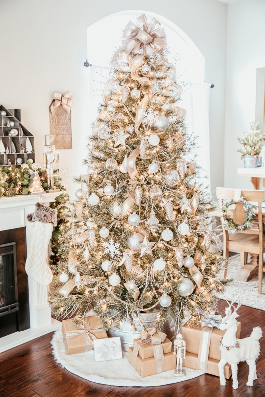 Christmas Tree Elegant Voluminous Ribbon Styling Traditional Fireplace Scene