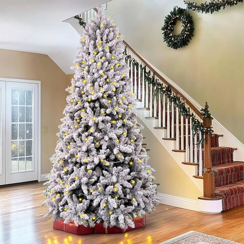 Christmas Tree Heavily Flocked Red Bow Styling Traditional Holiday