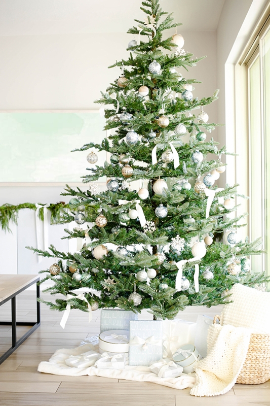 Christmas Tree Heavy Flocking Cool Toned Palette Elaborate Ribbon