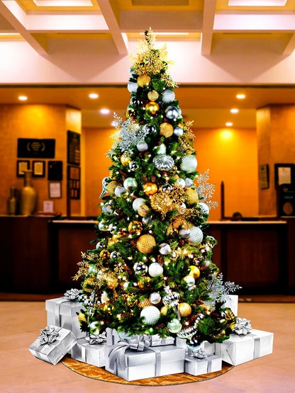 Christmas Tree: Mixed metallic palette with ribbon bows and beaded garland.