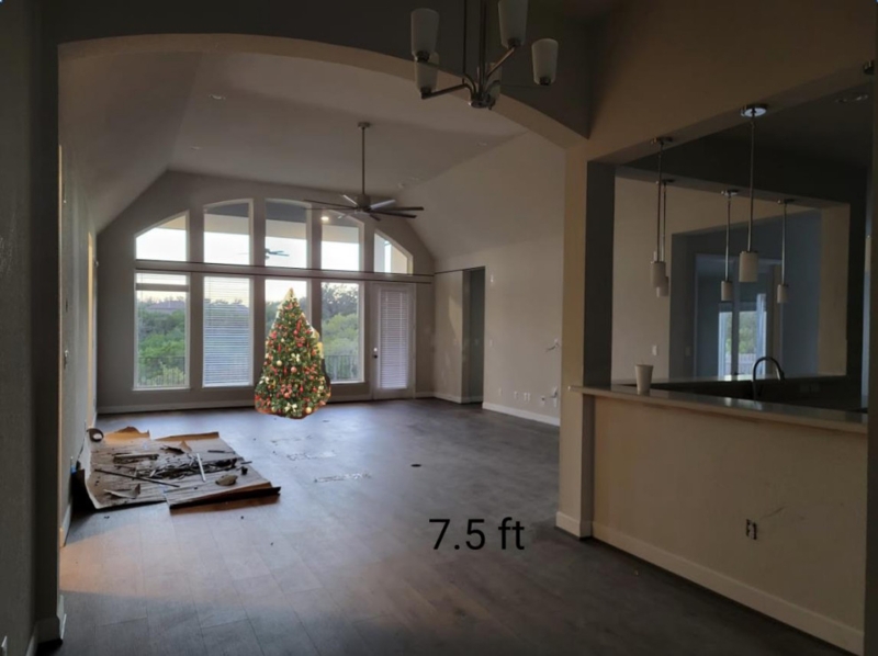 Christmas Tree Modern Farmhouse with Staircase Backdrop and Tall Placement