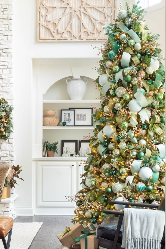 Christmas Tree Monochromatic Green Velvet Bow Accents Woven Collar