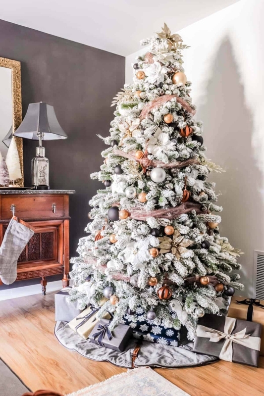 Christmas Tree: Moody Copper and Gray Scheme with Galvanized Tub Stand