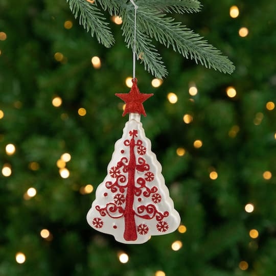 Christmas Tree Ornament Tiered Glass Shape Red Swirl Pattern Traditional