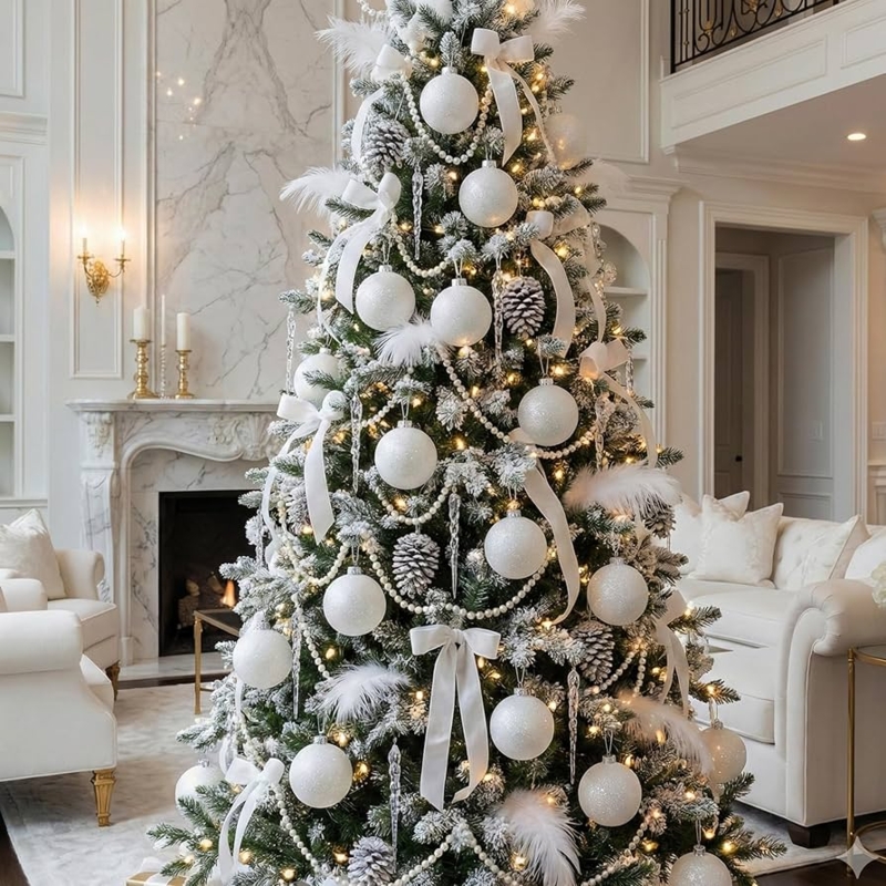 Christmas Tree Ornaments: White Snowflake and Icicle Shapes Farmhouse