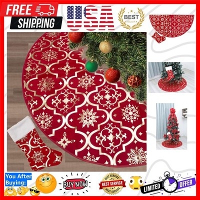Christmas Tree Skirt Red Snowflake Pattern Faux Fur Trim Traditional