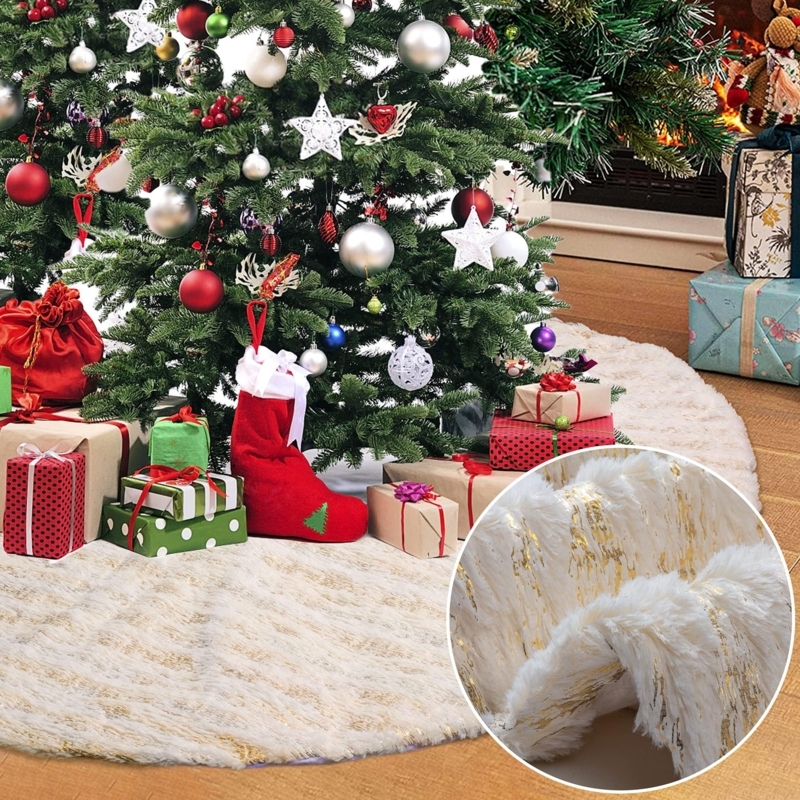 Christmas Tree Skirt White Faux Fur Gold Bronzing Glam Holiday Decor