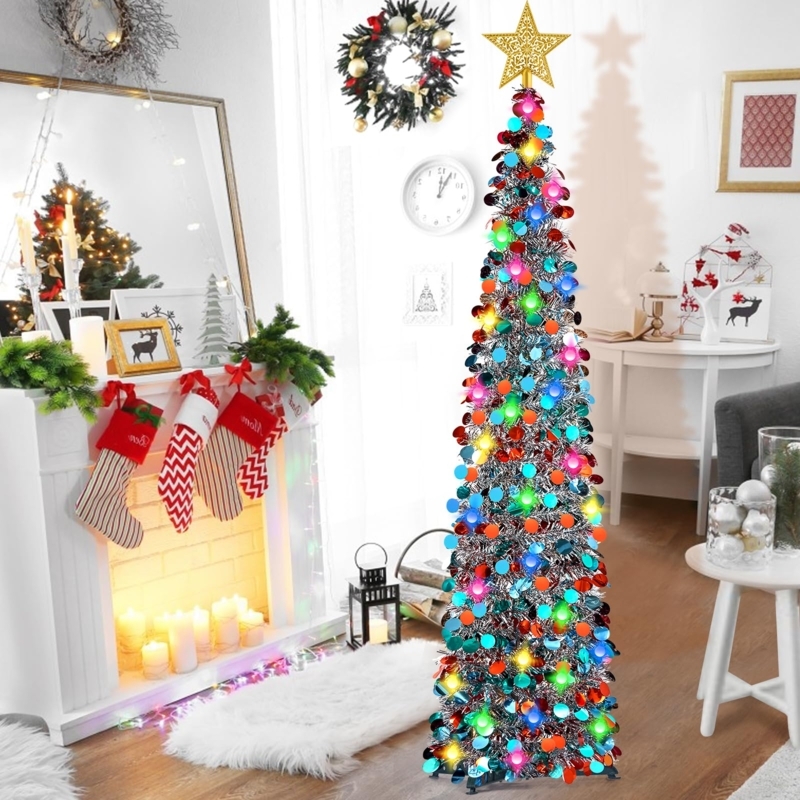 Christmas Tree Slim Blue Tinsel Pop Up Design Star Topper