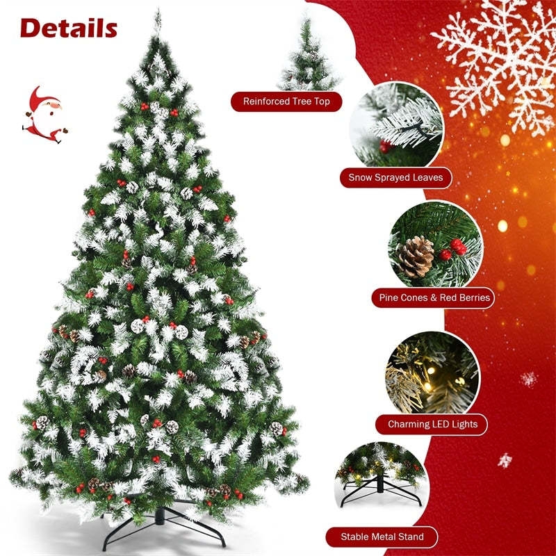 Christmas Tree Snow Flocked Red Berries Pine Cones Warm White Rustic