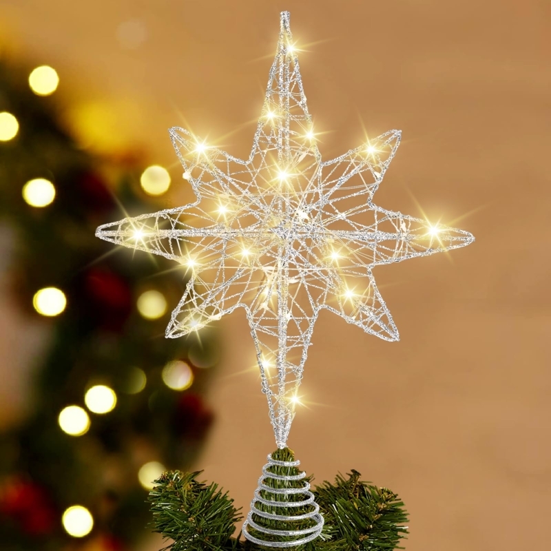Christmas Tree Topper Silver 3D Star Snowflake Lattice LED Lights