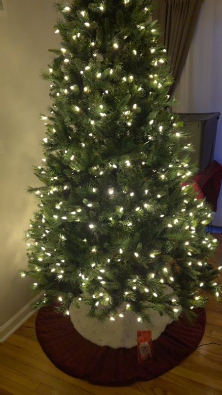 Christmas Tree, Traditional Pre-Lit with Gold Star Topper in Corner