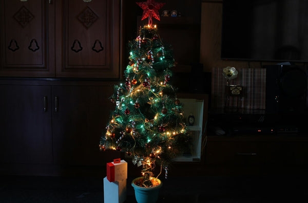 Christmas Tree, Traditional Red and Gold Decorations with Warm Glow